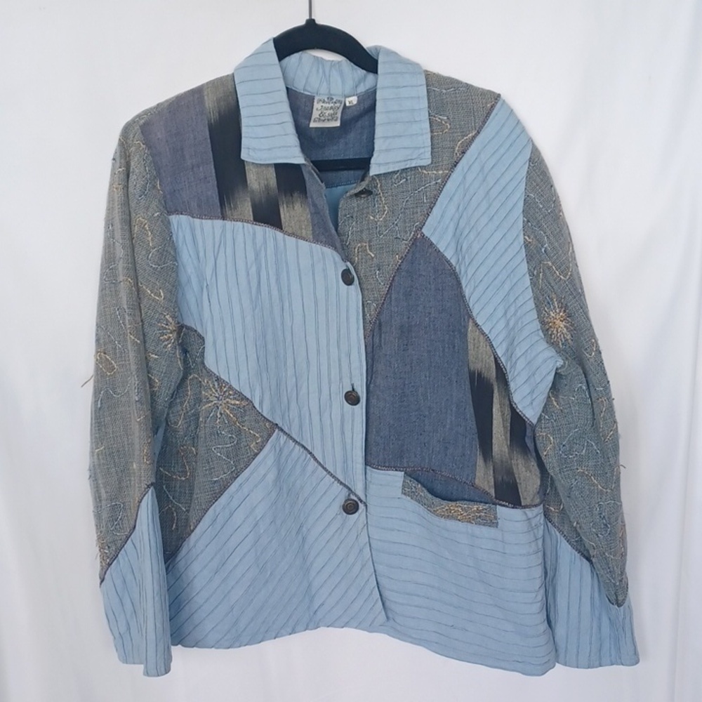Parsley & Sage Mixed Media Jacket Patchwork Folk Art To Wear, XL, 24" PTP, 26"L